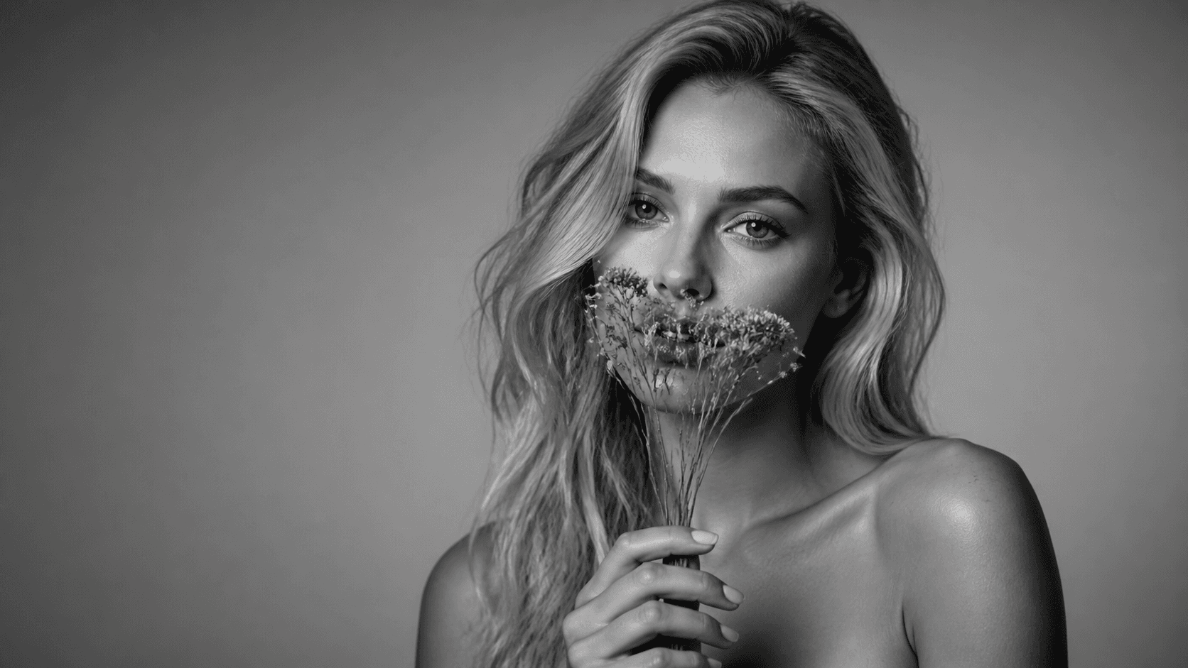 Zwart-wit portret van een blonde vrouw met gedroogde bloemen