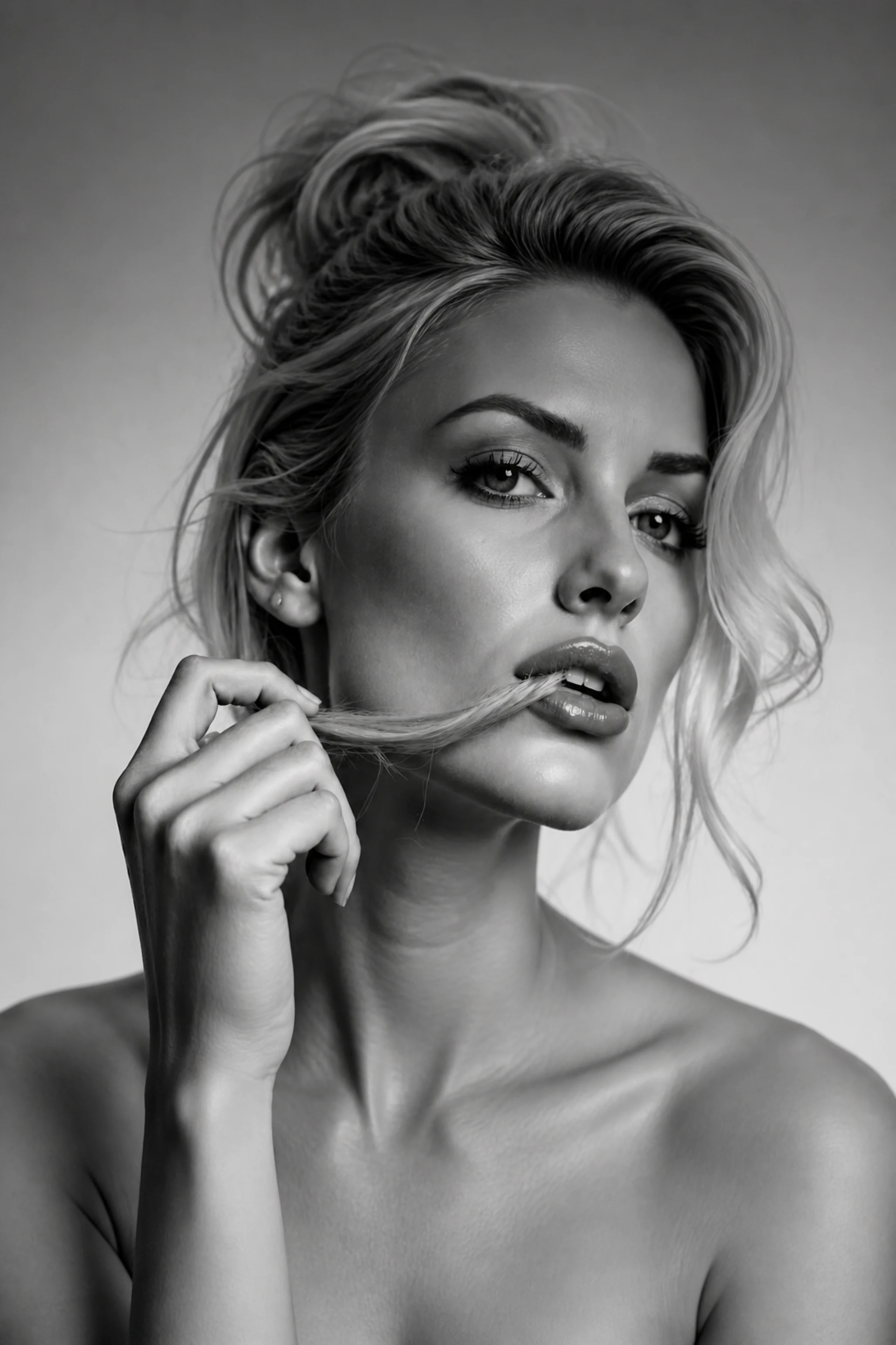 Zwart-wit beautyportret met blond haar